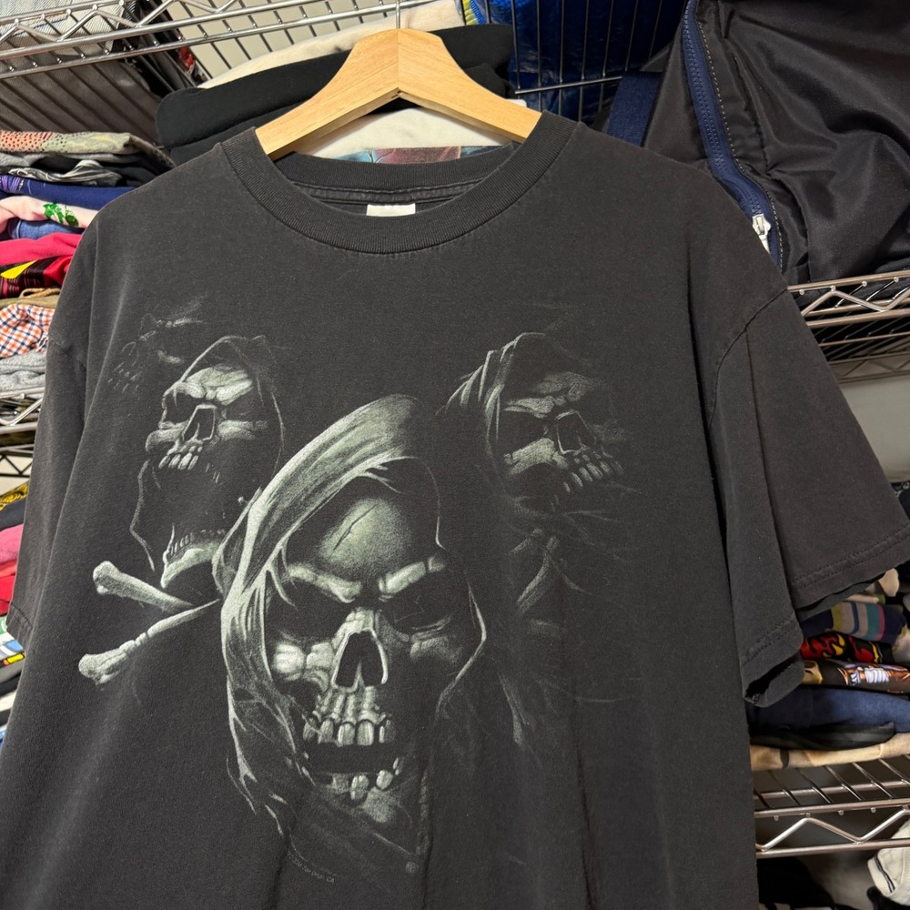 Vintage Y2K Grim Reaper Skulls Graphic Grunge T-Shirt Mens L Black Vintage Style
